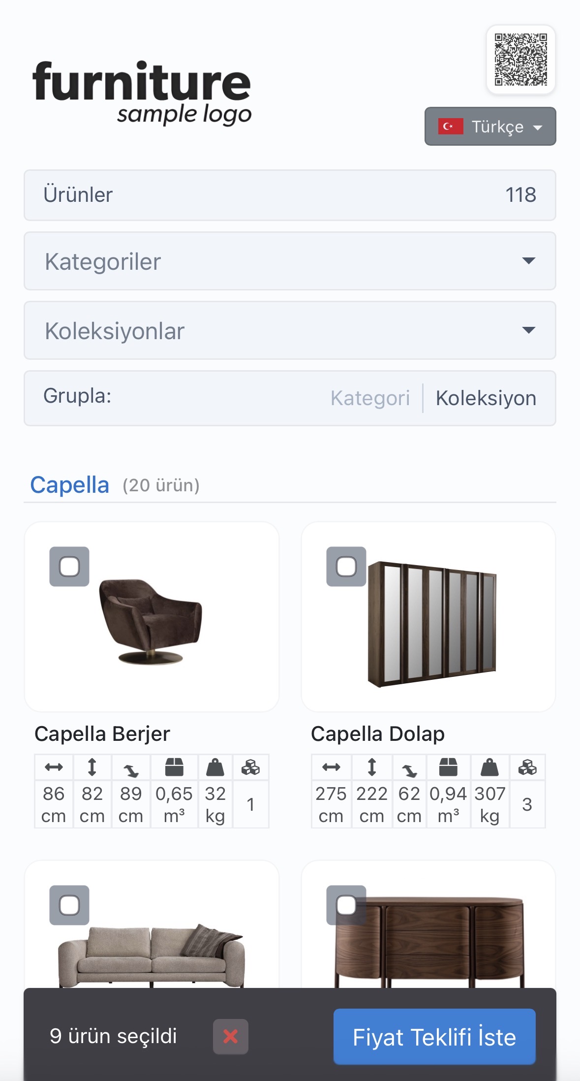 Mobilya CRM programı ile müşteriye özel mağaza sayfası arayüzü