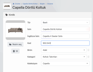 Capella Dörtlü Koltuk ürün giriş ekranı - Mobilya satış programı Delbig CRM ürün ekleme arayüzü