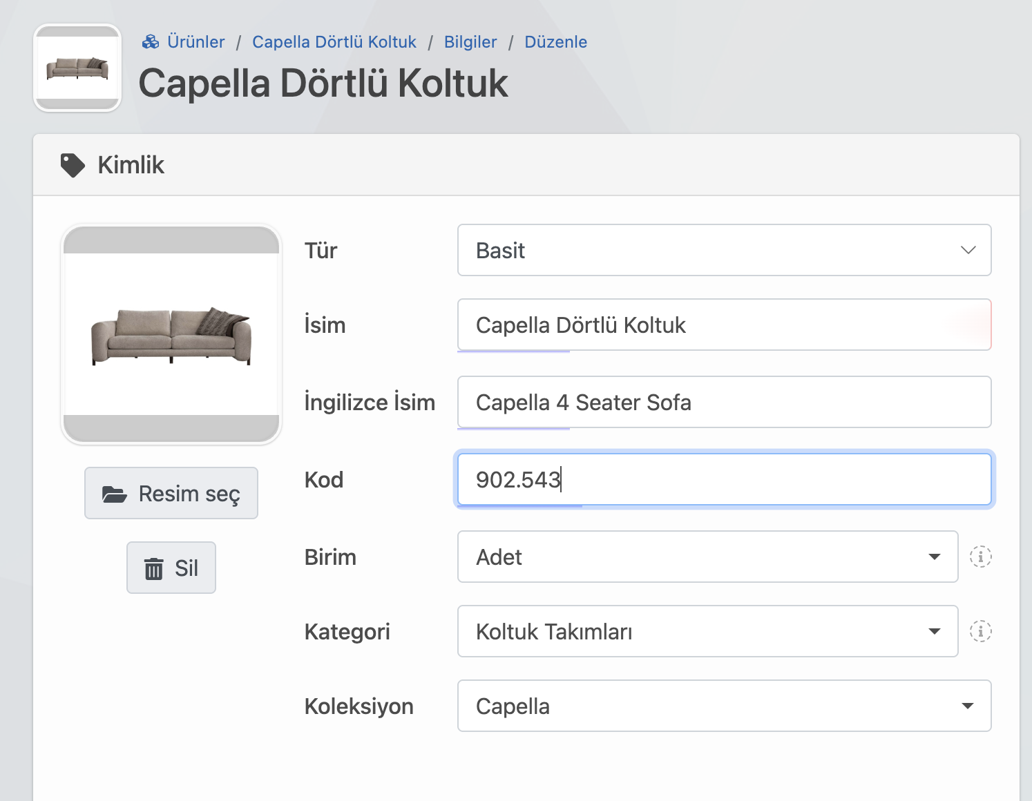 Mobilya CRM programı ürün yönetim ekranı ile görsel ve fiyat güncelleme alanı