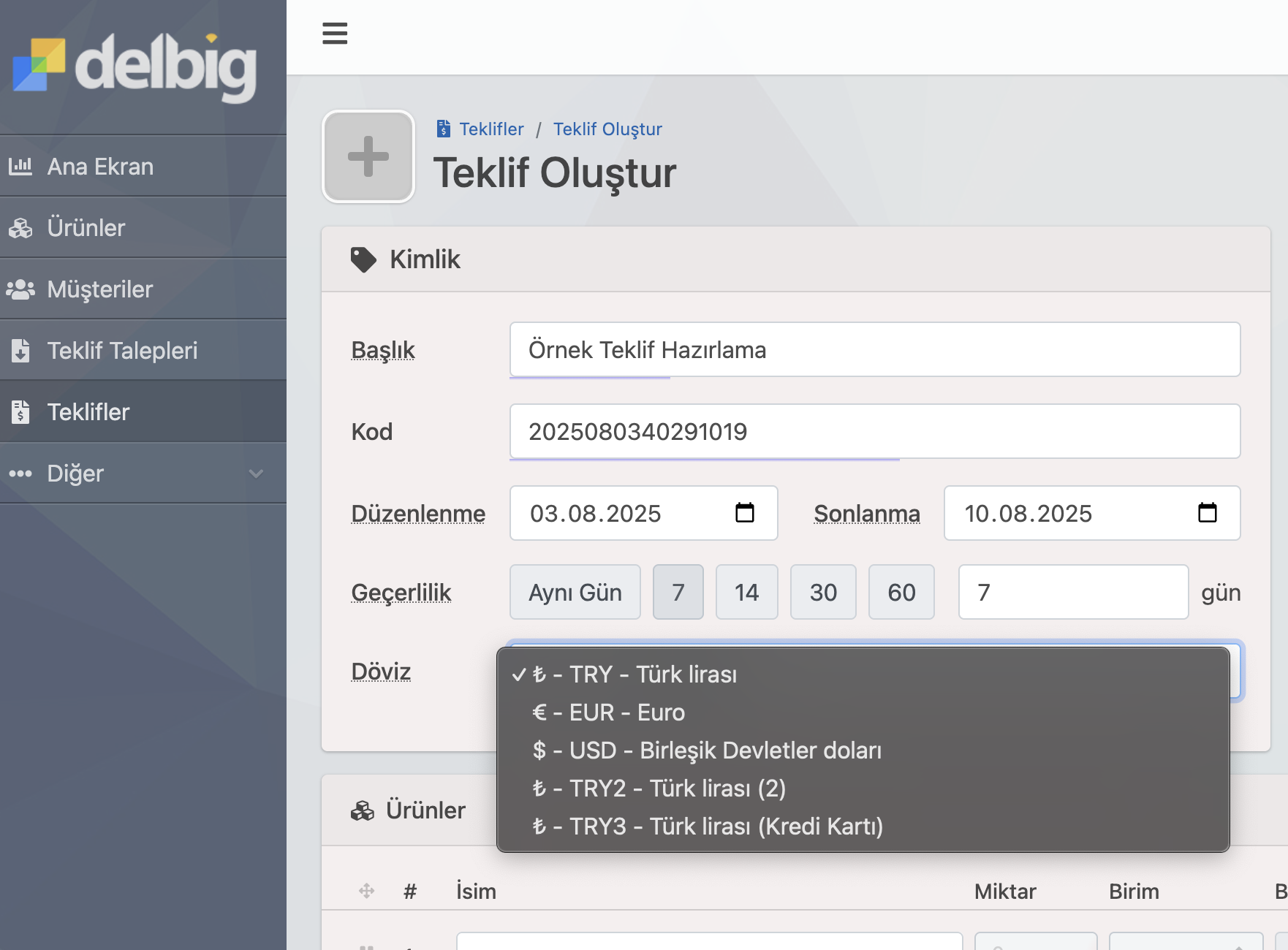 Delbig CRM teklif oluşturma ekranı, çoklu para birimi (TRY, EUR, USD) seçimi ile örnek teklif hazırlanması.