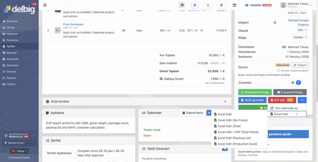 Delbig CRM Quvena Export Proforma Actions Downloads Tr 2026 07 14 görseli