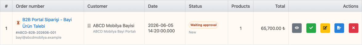 Delbig CRM B2B portal order list with a pending furniture dealer order