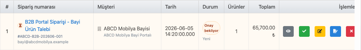 Delbig CRM B2B portal sipariş listesinde onay bekleyen mobilya bayi siparişi