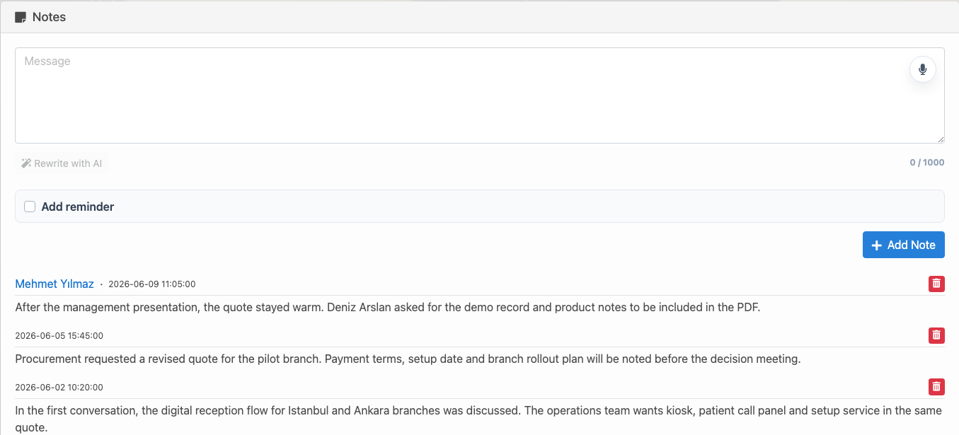 Delbig CRM customer notes screen with new note area and note history