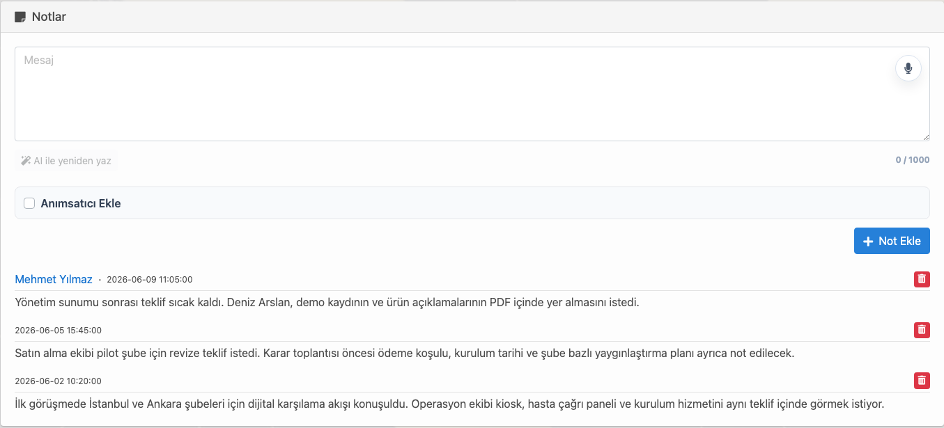 Delbig CRM müşteri notları ekranında yeni not alanı ve geçmiş not listesi