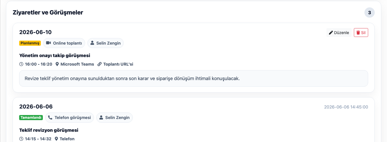Delbig CRM ziyaretler ve görüşmeler ekranında müşteri temas geçmişi