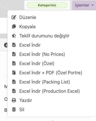 Delbig CRM ihracat proforma işlem menüsünde Excel, Packing List ve Production Excel seçenekleri