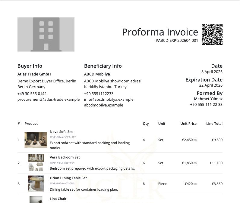 Delbig CRM English export proforma output with buyer, seller, QR code, product rows and total amount