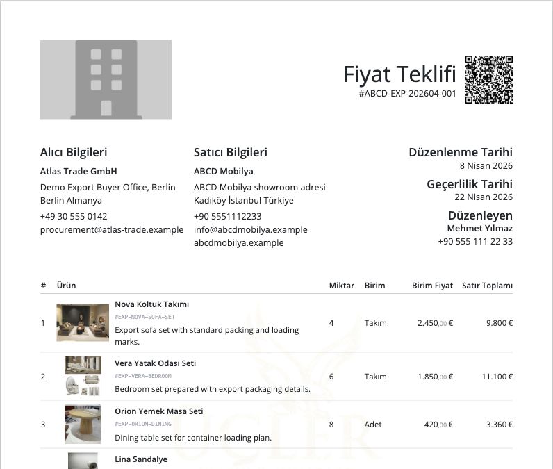 Delbig CRM ihracat proforma çıktısında alıcı, satıcı, QR kod, ürün satırları ve toplam tutar