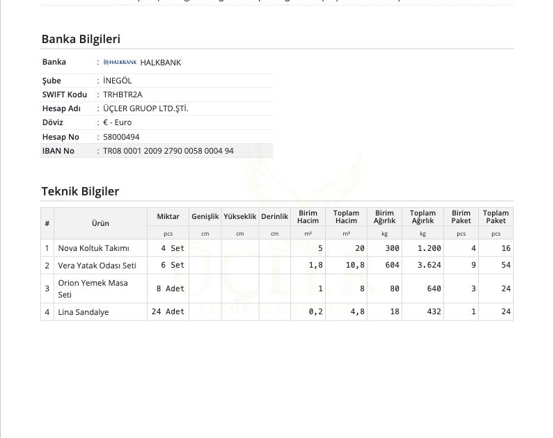 Delbig CRM ihracat proforma teknik bilgiler tablosunda ürün bazlı metreküp, ağırlık ve paket adedi