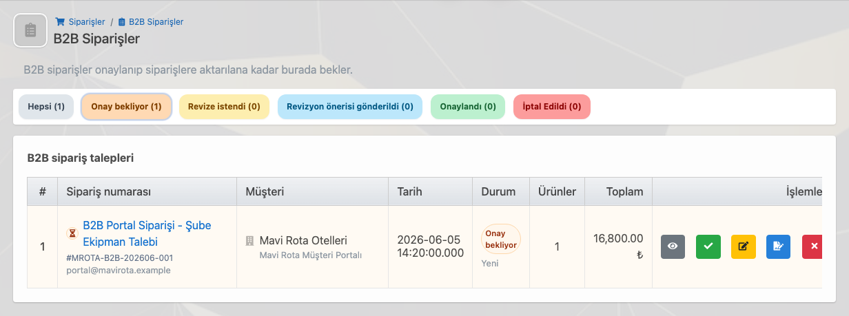 Delbig CRM içinde B2B portalından gelen onay bekleyen sipariş talepleri ve işlem butonları