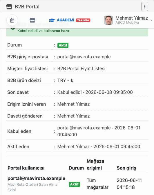 Delbig CRM müşteri kartında B2B giriş e-postası, fiyat listesi, ürün dövizi ve aktif portal kullanıcısı