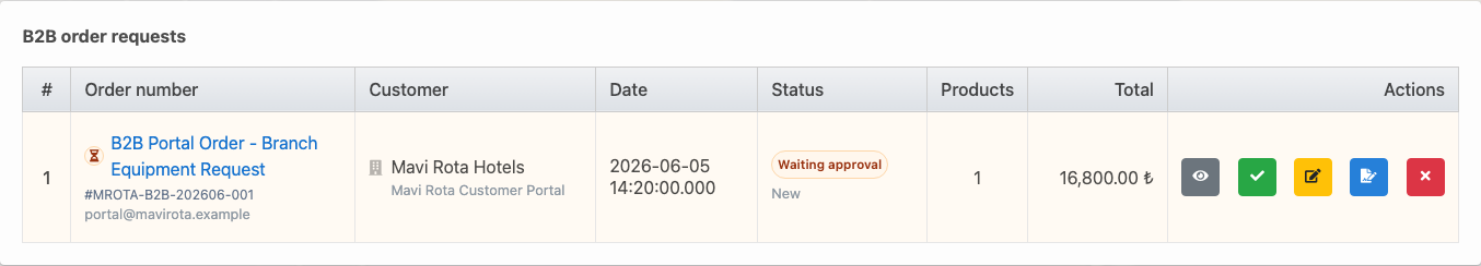 Delbig CRM B2B order requests with a pending customer portal order