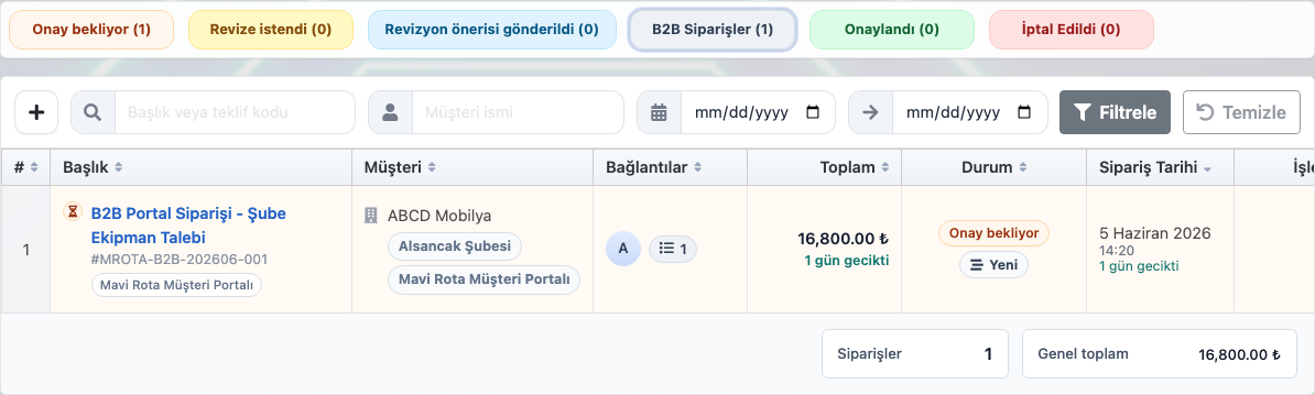 Delbig CRM B2B portalında bayinin sipariş geçmişi, durumlar, toplamlar ve onay bekleyen siparişleri