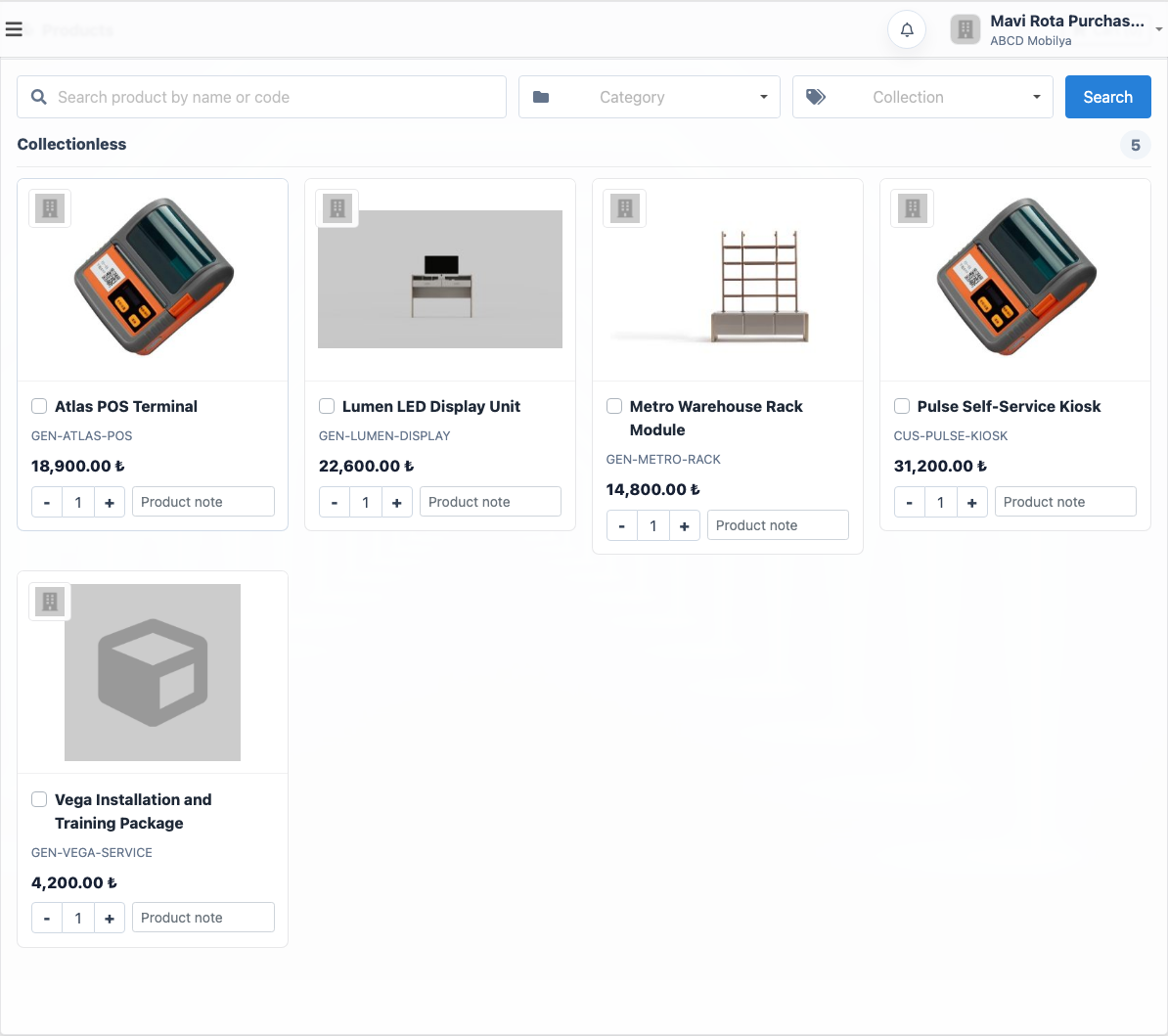 Delbig CRM B2B portal product catalog with search, category, collection, price, quantity and product note