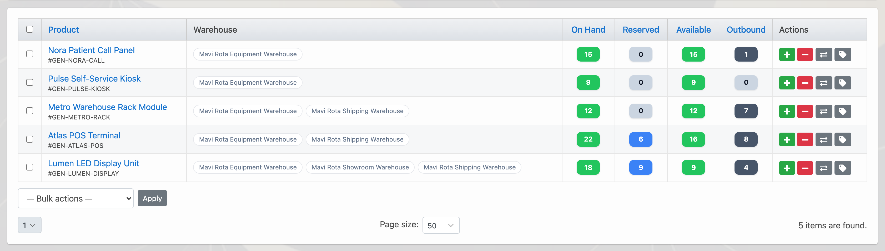 Delbig CRM inventory overview with general products, warehouses and stock quantities in English