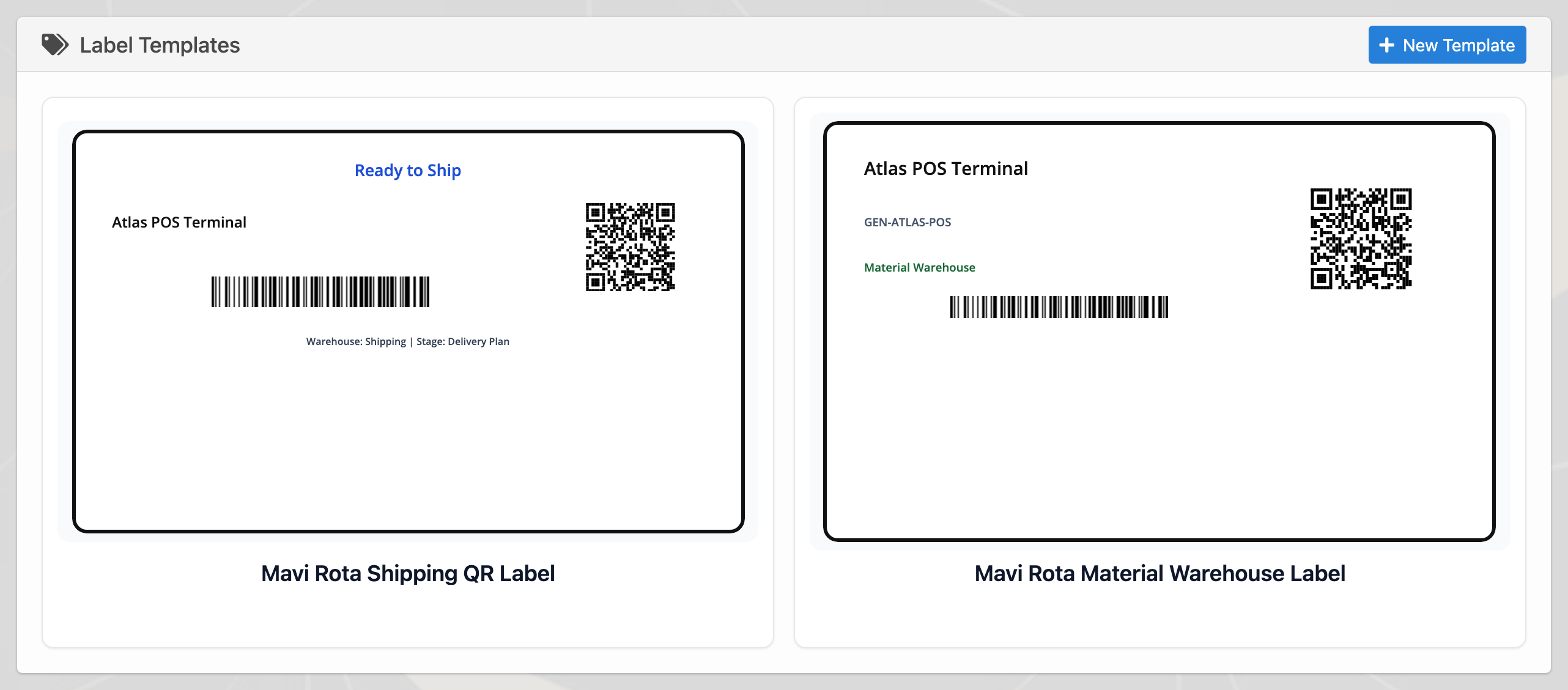 Delbig CRM label templates with material warehouse label and shipping QR label in English