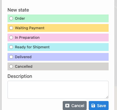 Delbig CRM order status change panel with order, payment, preparation, shipment and delivery options