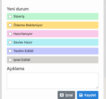 Delbig CRM sipariş durum değiştirme panelinde sipariş, ödeme, hazırlık, sevkiyat ve teslimat seçenekleri