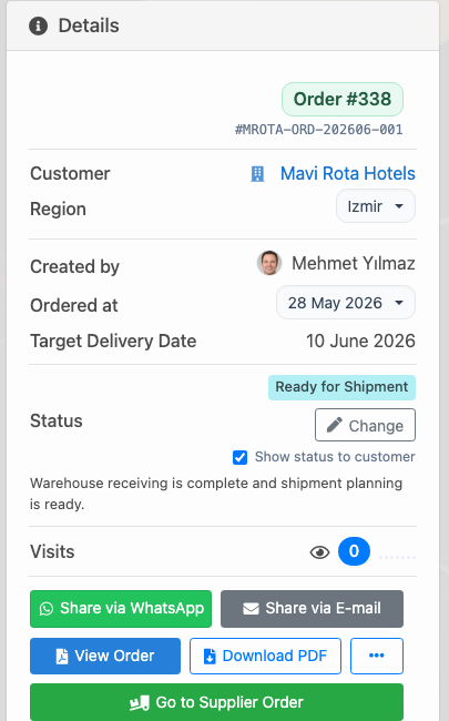 Delbig CRM order tracking screenshot in English