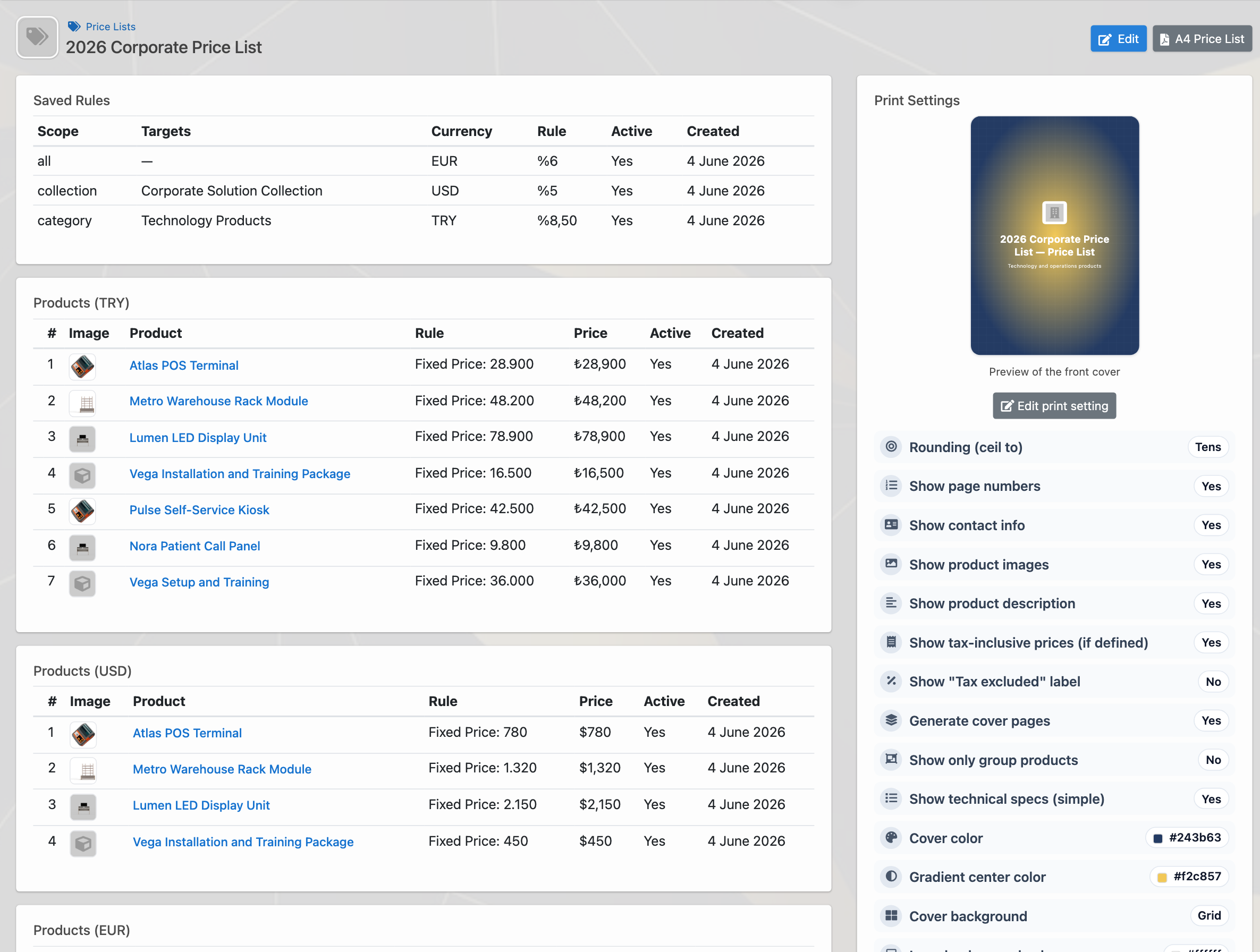 Delbig CRM product and price list management screenshot in English