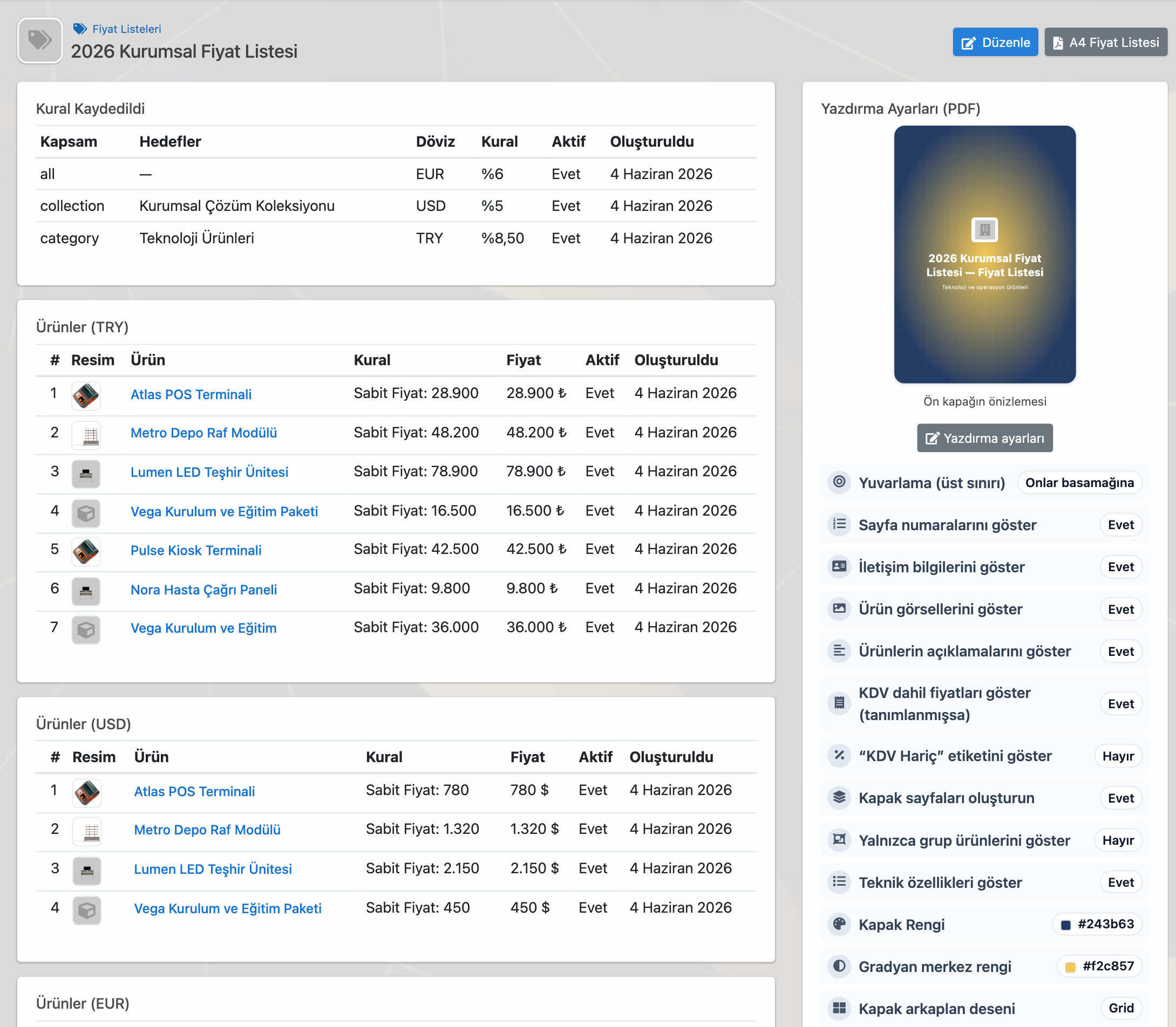 Delbig CRM ürün ve fiyat listesi yönetimi ekran görüntüsü