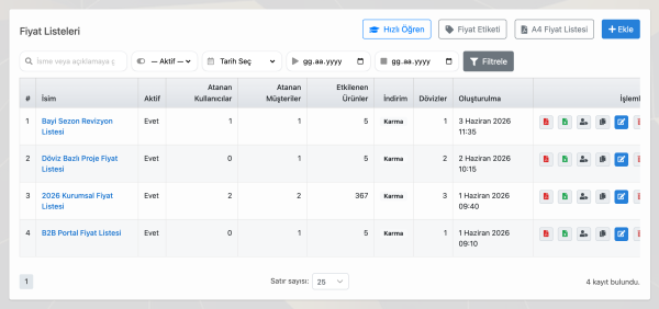 Delbig ürün ve fiyat listesi yönetimi ekranı