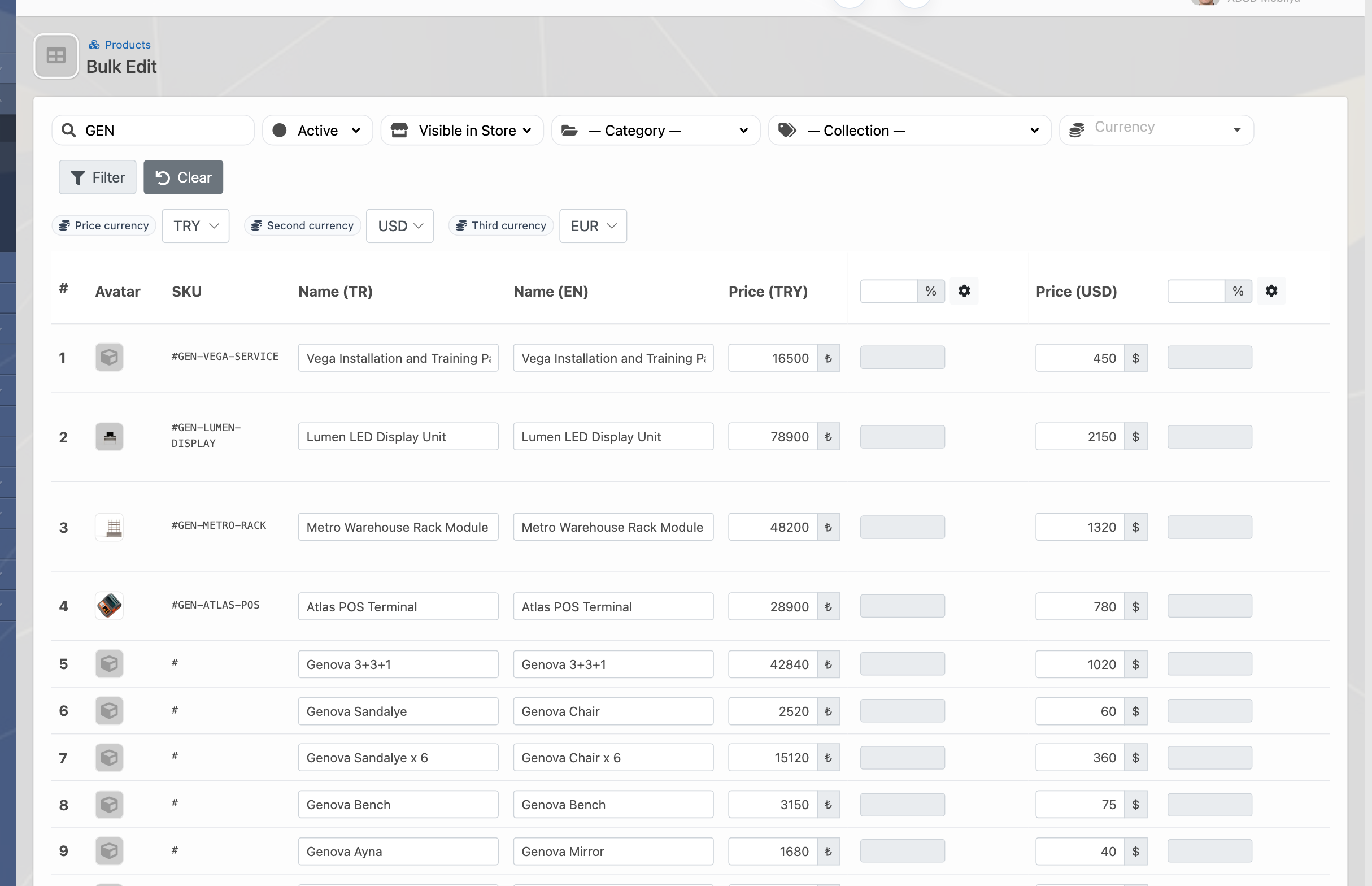 Delbig CRM bulk price edit screen with TRY, USD and EUR price fields in English