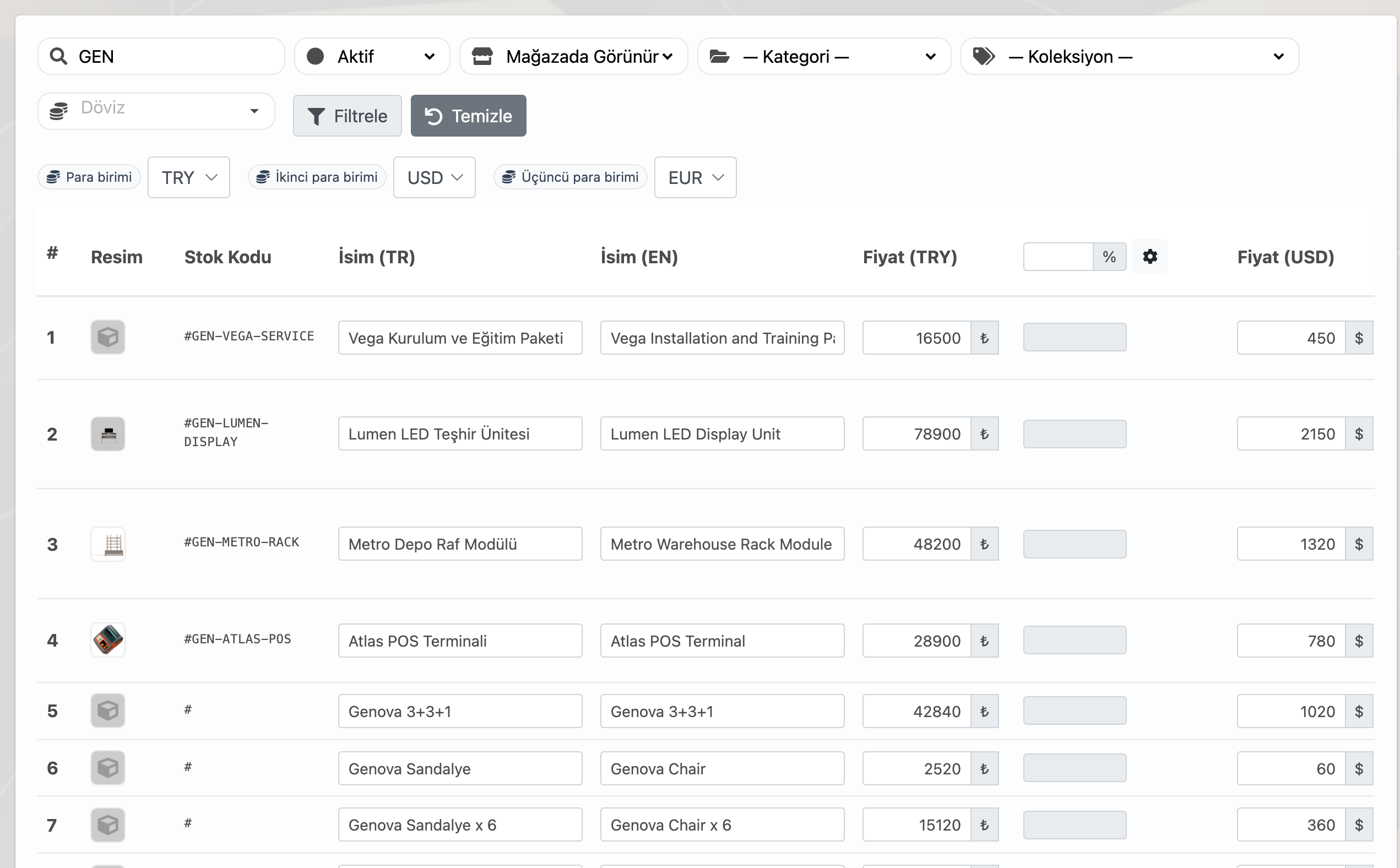 Delbig CRM toplu fiyat düzenleme ekranında TRY, USD ve EUR fiyat alanları