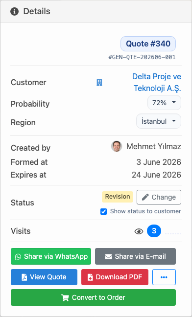 Delbig CRM quote action panel with visits, WhatsApp, email, PDF and convert to order