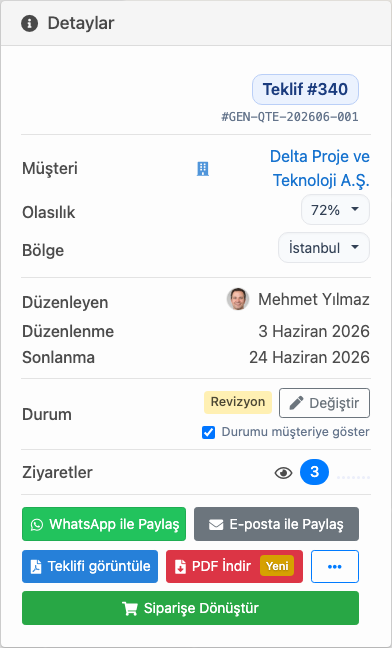 Delbig CRM teklif aksiyon panelinde ziyaret, WhatsApp, e-posta, PDF ve siparişe dönüştürme