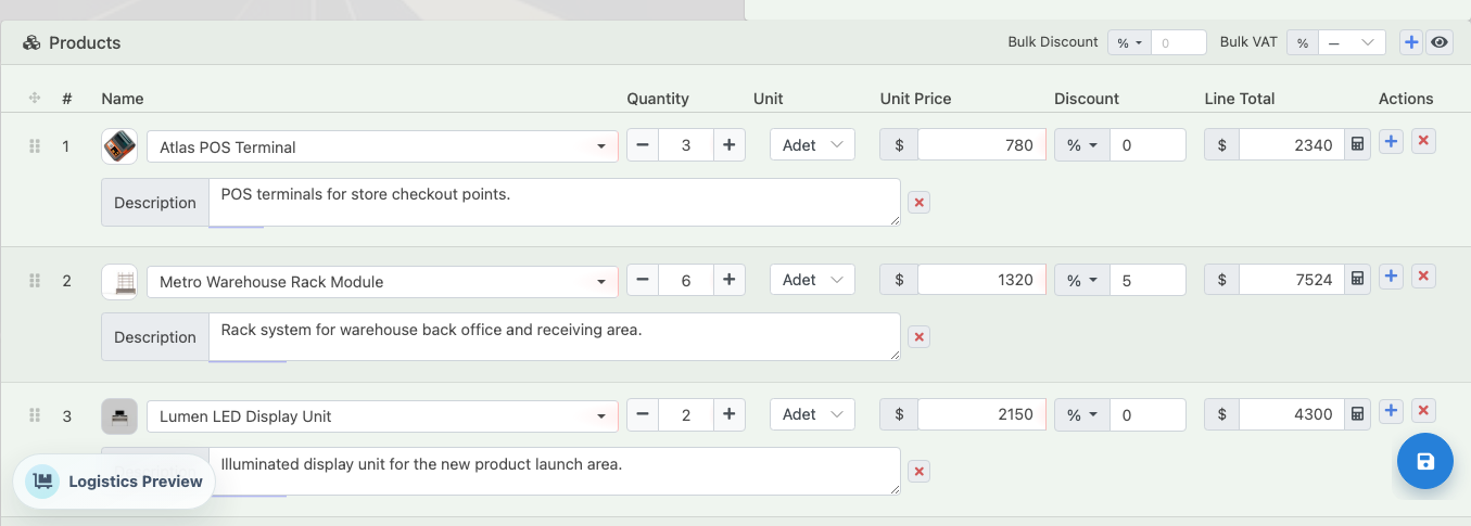 Delbig CRM quote edit screen with product image, quantity, unit price and discount rows