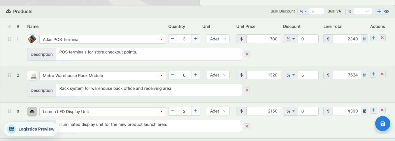 Delbig CRM quote edit screen with product image, quantity, unit price and discount rows