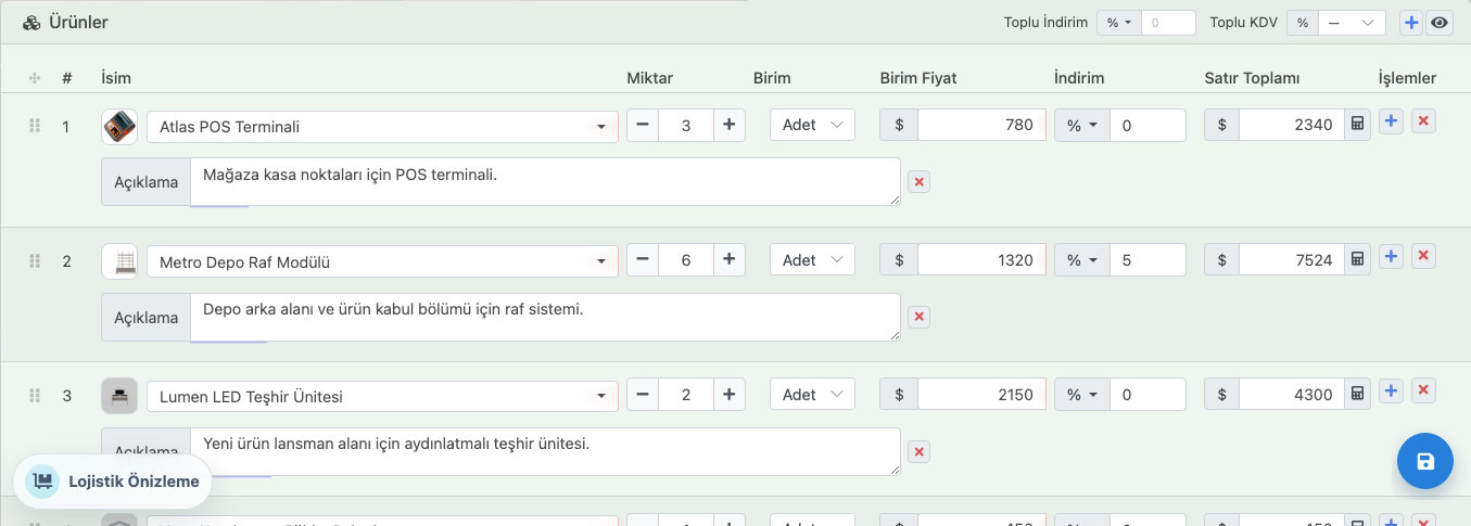 Delbig CRM teklif düzenleme ekranında ürün görseli, miktar, birim fiyat ve indirim satırları