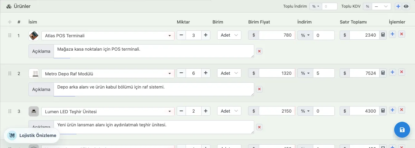 Delbig CRM teklif düzenleme ekranında ürün görseli, miktar, birim fiyat ve indirim satırları