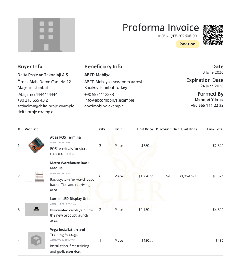 Delbig CRM quote and proforma management screenshot in English