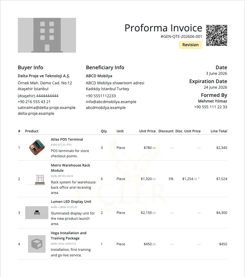 Delbig CRM quote and proforma management screenshot in English