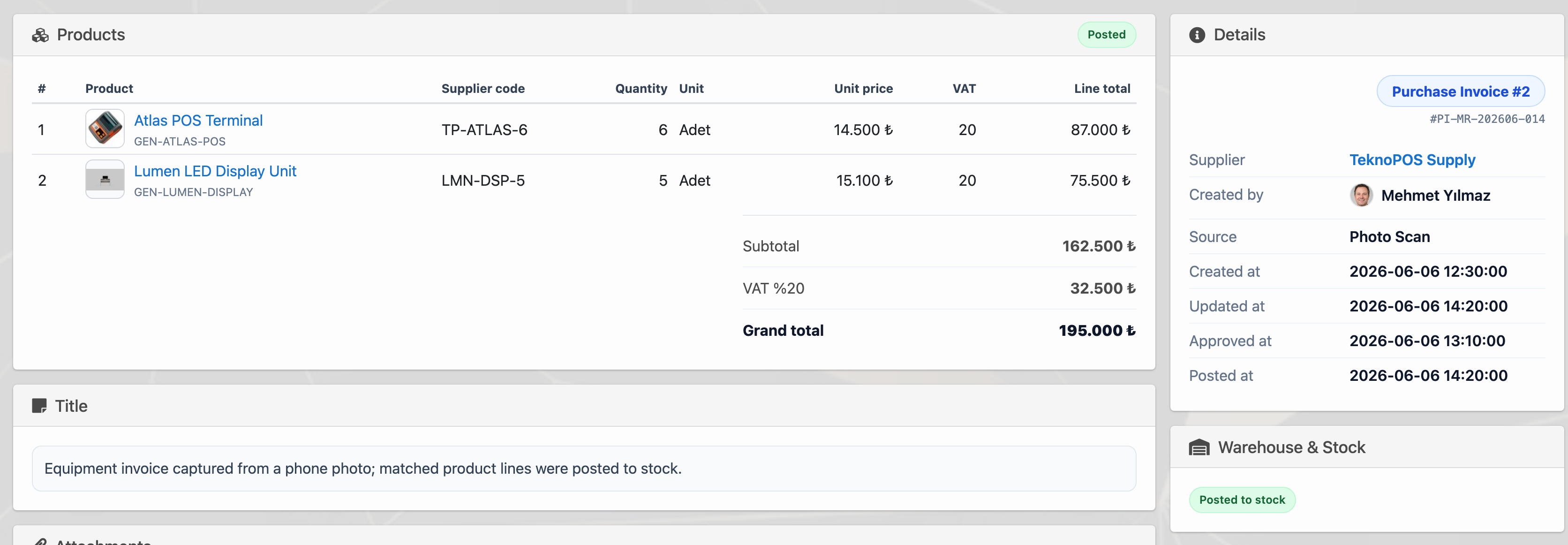 Delbig CRM purchase invoice with photo scan source and stock posting information in English