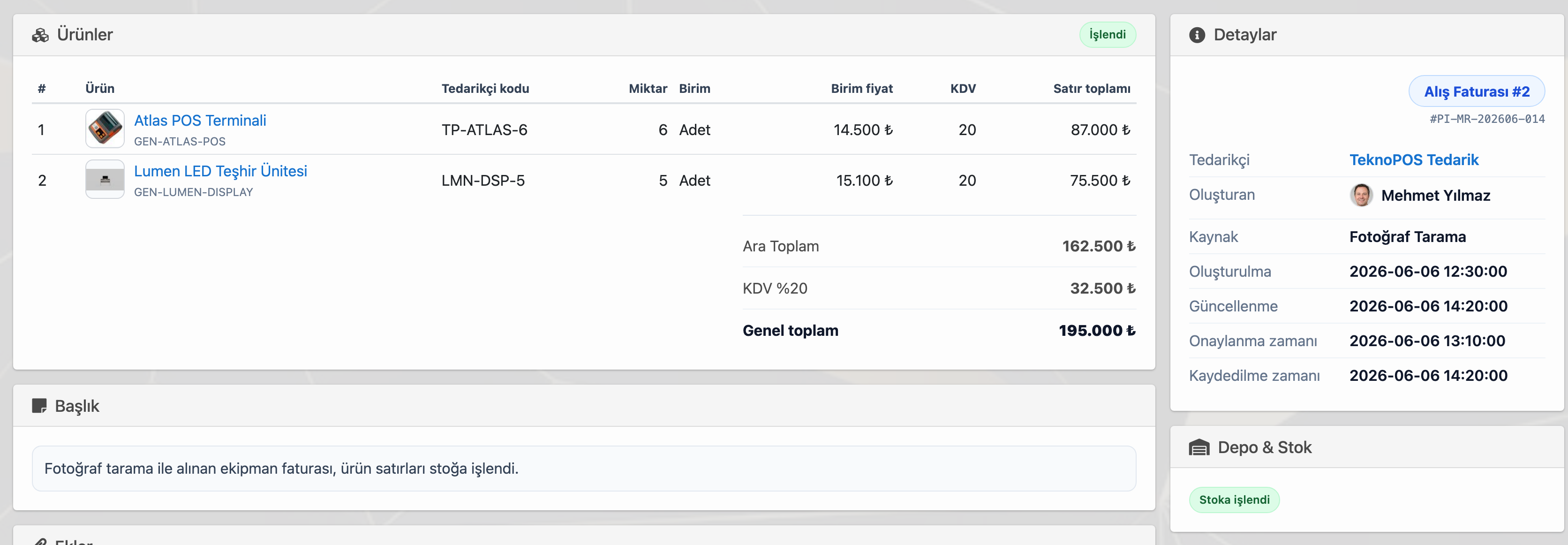 Delbig CRM alış faturasında fotoğraf tarama kaynağı ve stoğa işleme bilgisi
