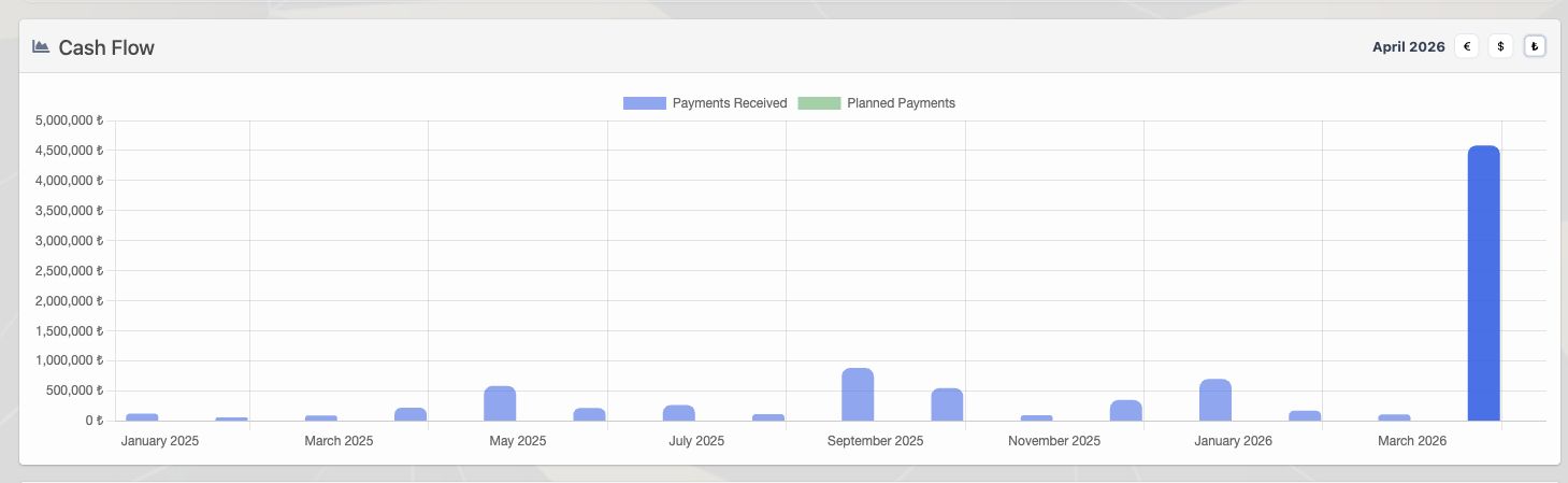 Delbig CRM cash flow report with received payments, planned payments and monthly collection view in English