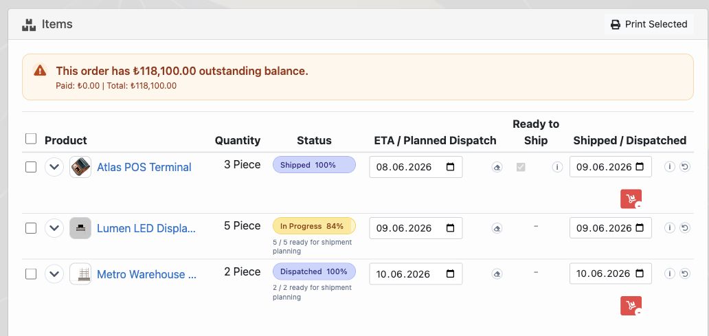 Delbig CRM shipment detail with product, quantity, status, planned dispatch, ready to ship and dispatched fields in English