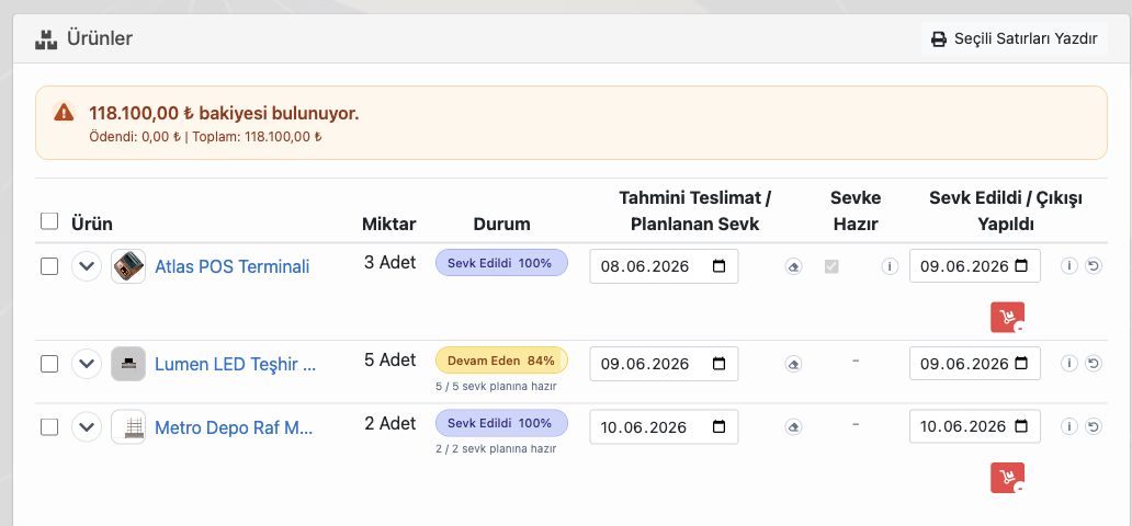 Delbig CRM sevkiyat detayında ürün, miktar, durum, planlanan sevk, sevke hazır ve sevk edildi alanları