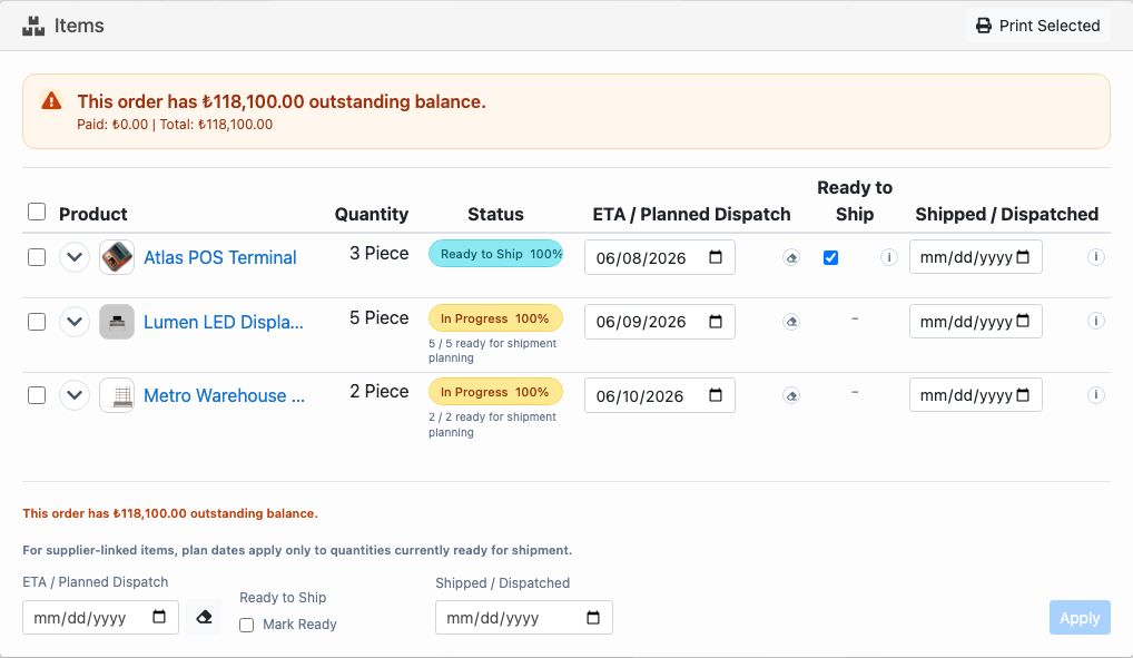 Delbig CRM shipment planning screen with product, quantity, planned dispatch and ready-to-ship status