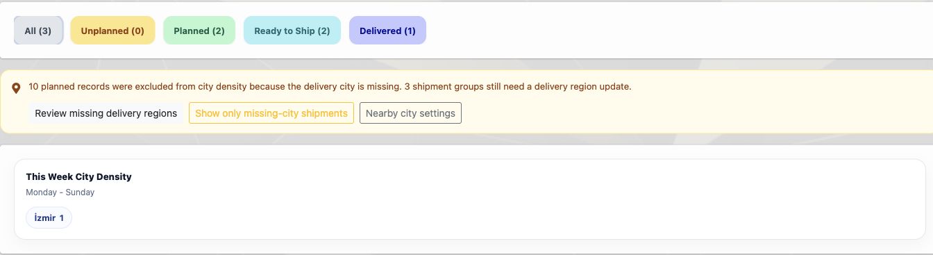Delbig CRM shipment screen with unplanned, planned, ready to ship, delivered and city density areas in English