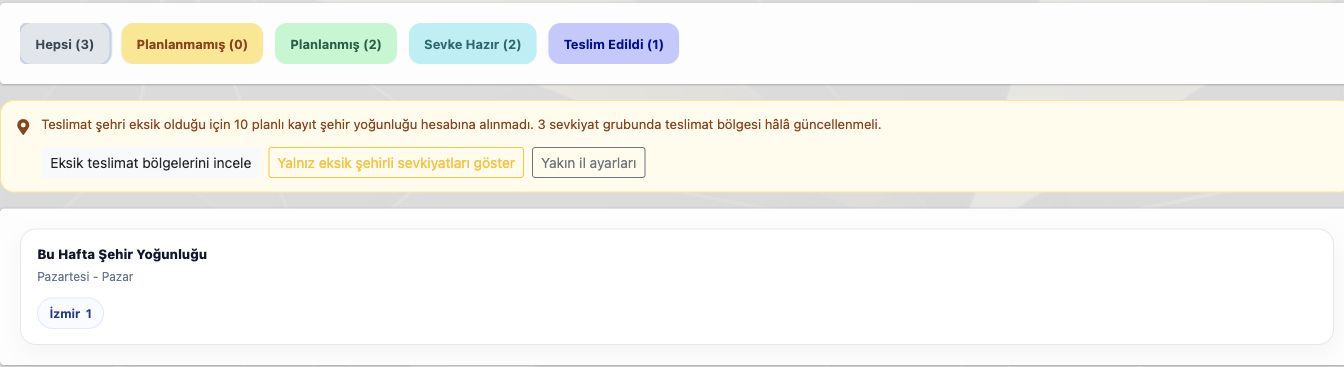Delbig CRM sevkiyat ekranında planlanmamış, planlanmış, sevke hazır, teslim edildi ve şehir yoğunluğu alanları