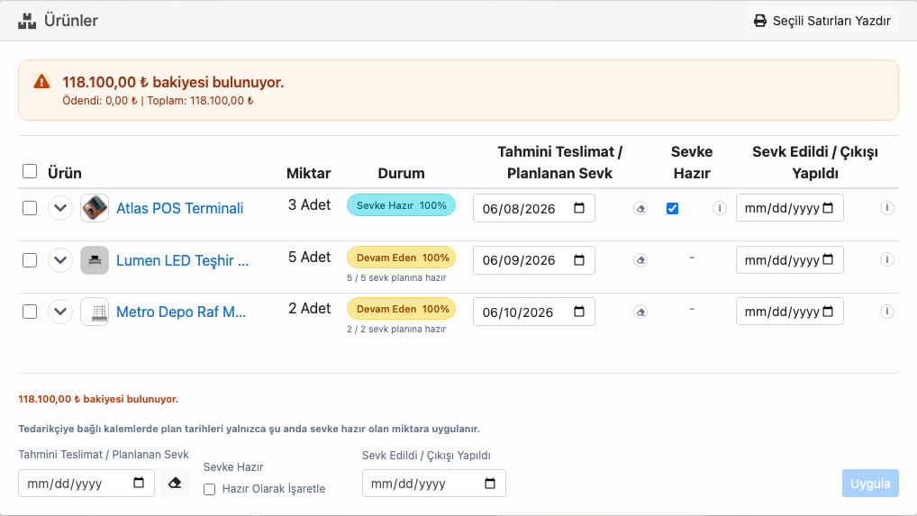 Delbig CRM sevkiyat planlama ekranında ürün, miktar, planlanan sevk ve sevke hazır bilgileri
