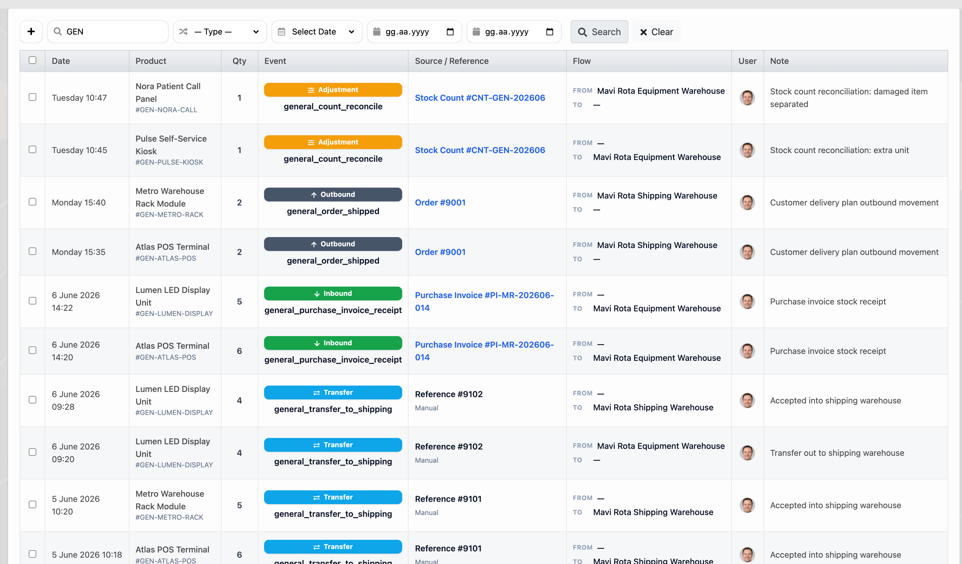 Delbig CRM stock movements with shipment outbound, purchase invoice receipt, transfer and count reconciliation in English