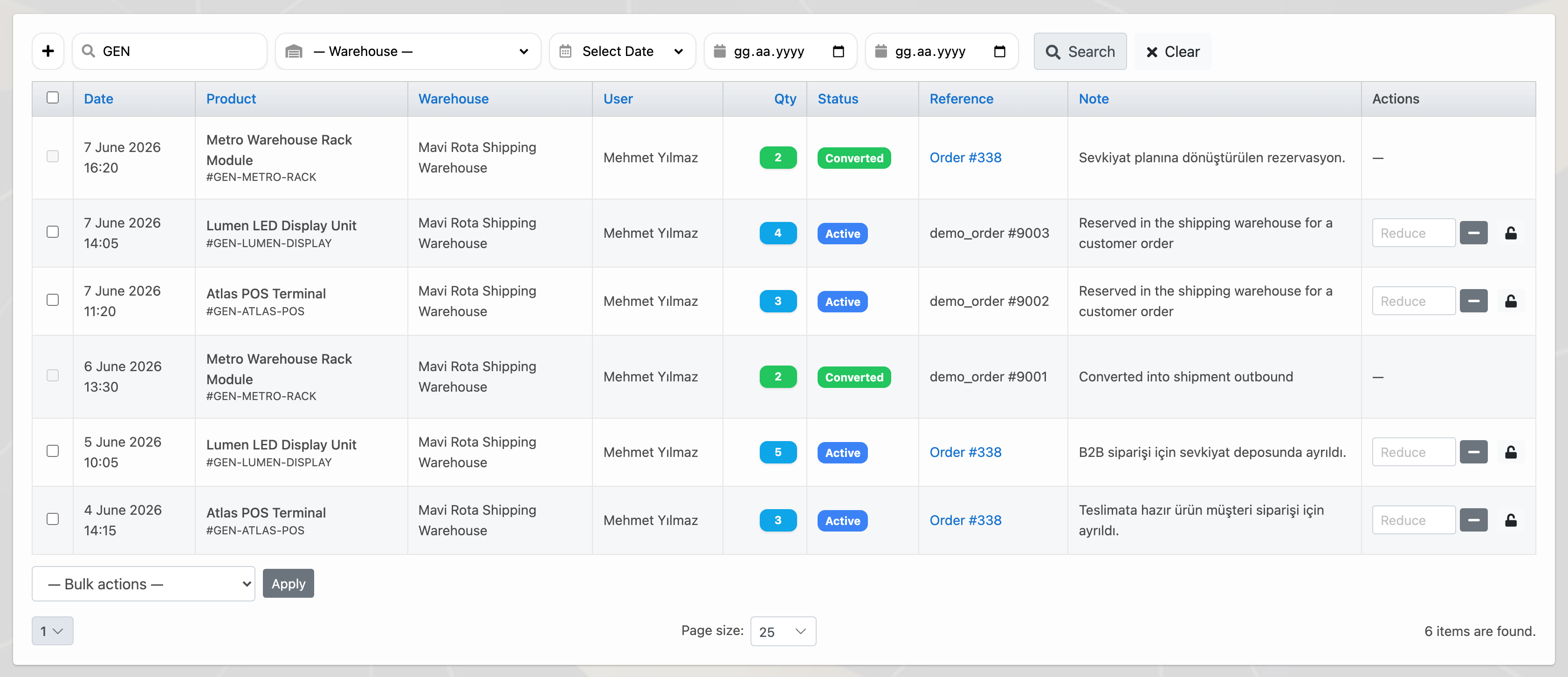 Delbig CRM stock reservations with active and converted records in English