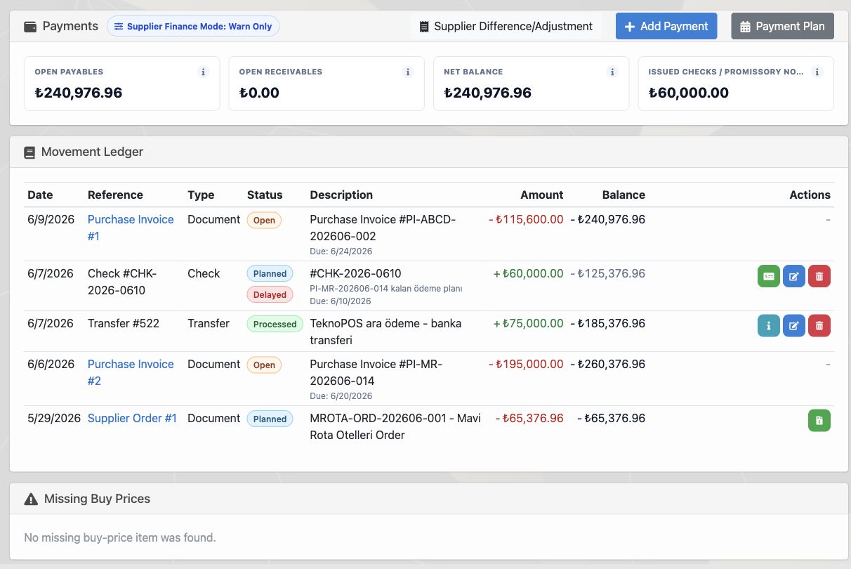 Delbig CRM supplier payments with open payable, payment, check and movement ledger in English