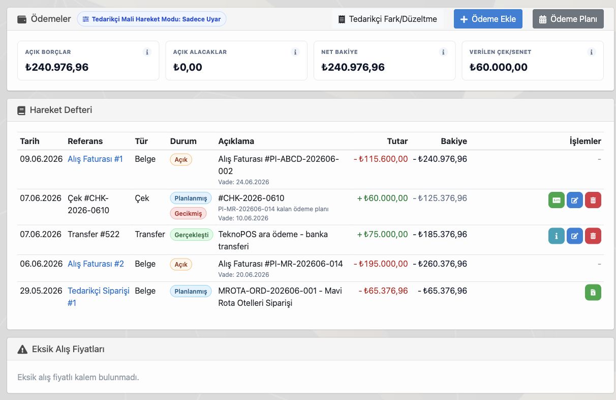 Delbig CRM tedarikçi ödeme ekranında açık borç, ödeme, çek ve hareket defteri